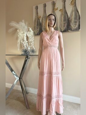 Sleeveless Pink Lace-Trim Maxi Dress